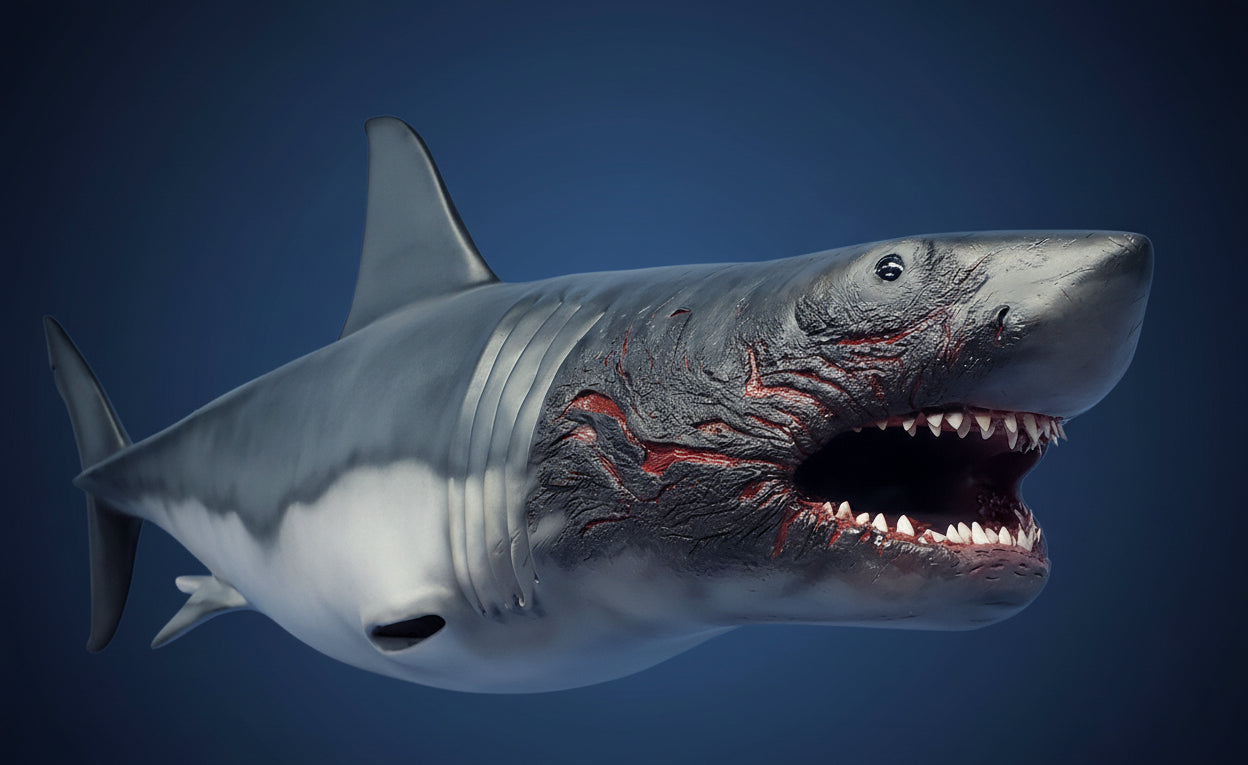 Model shark with an open mouth on a blue background, featuring the text 'SHARKCITYOZARK.COM'.