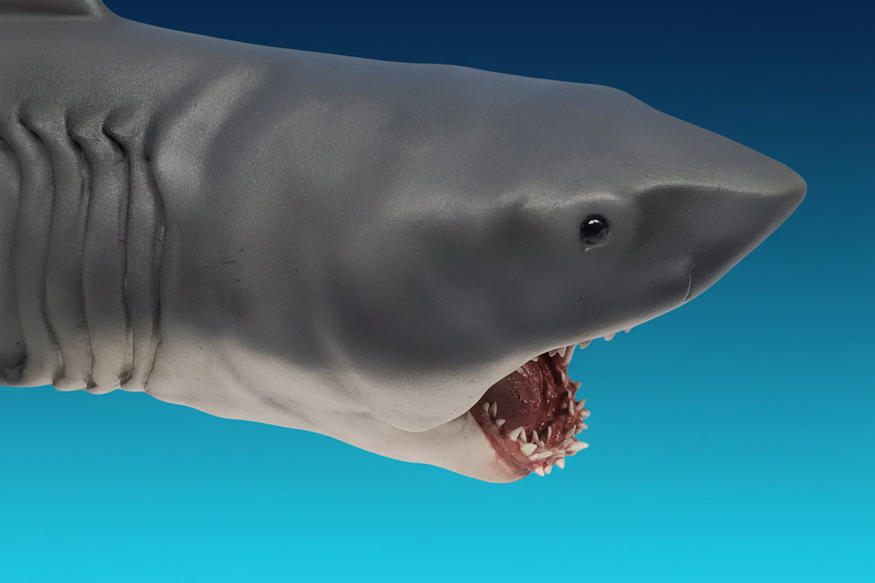 Close-up of a shark model with an open mouth on a white background, featuring the text 'SHARKCITYOZARK.COM'.