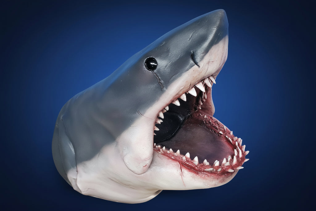 Shark model with open mouth on a blue and beige background. jaws bruce shark