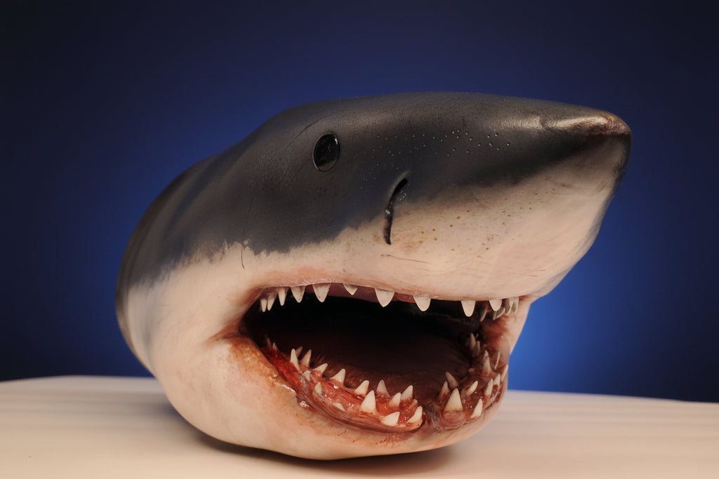 Shark model with open mouth on a blue background
