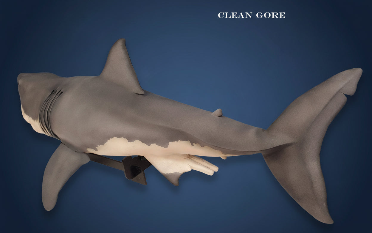 Shark model on a stand with 'Clean Gore' text and 'Shark City Ozark' website displayed.