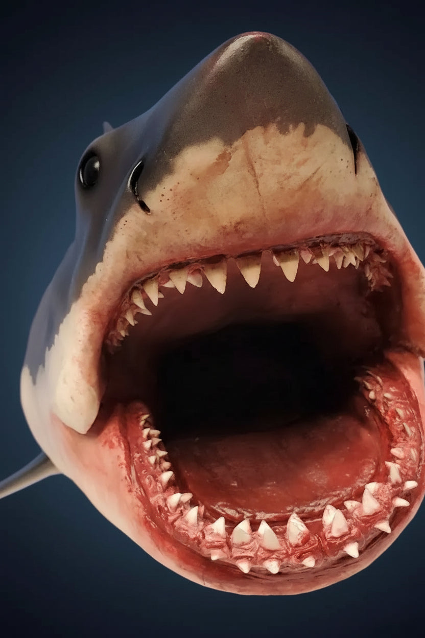 Close-up of a shark with an open mouth showing teeth against a blue sky. jaws bruce shark
