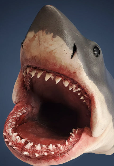Close-up of a shark with an open mouth on a blue background, featuring the text 'HEAVY GORE' and 'SHARKCITYOZARK.COM'. jaws shark bruce