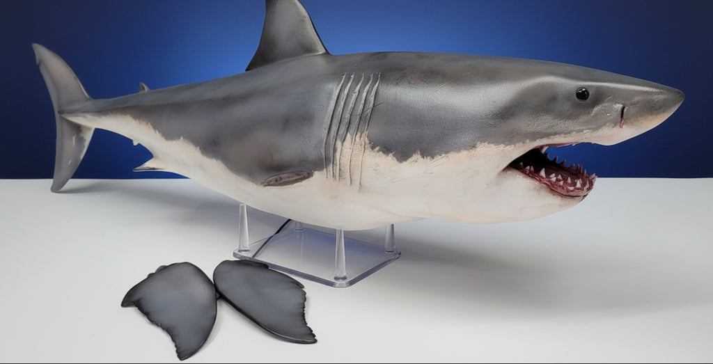 Model of a shark on a stand with a dark background, meg shark, megalodon