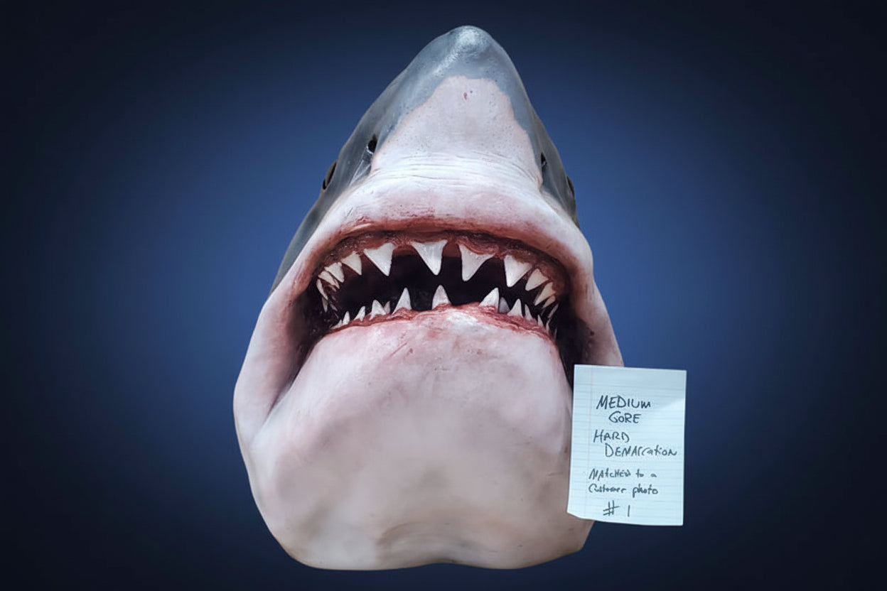 Shark head with a tag indicating medium core hard demarcation. great white shark