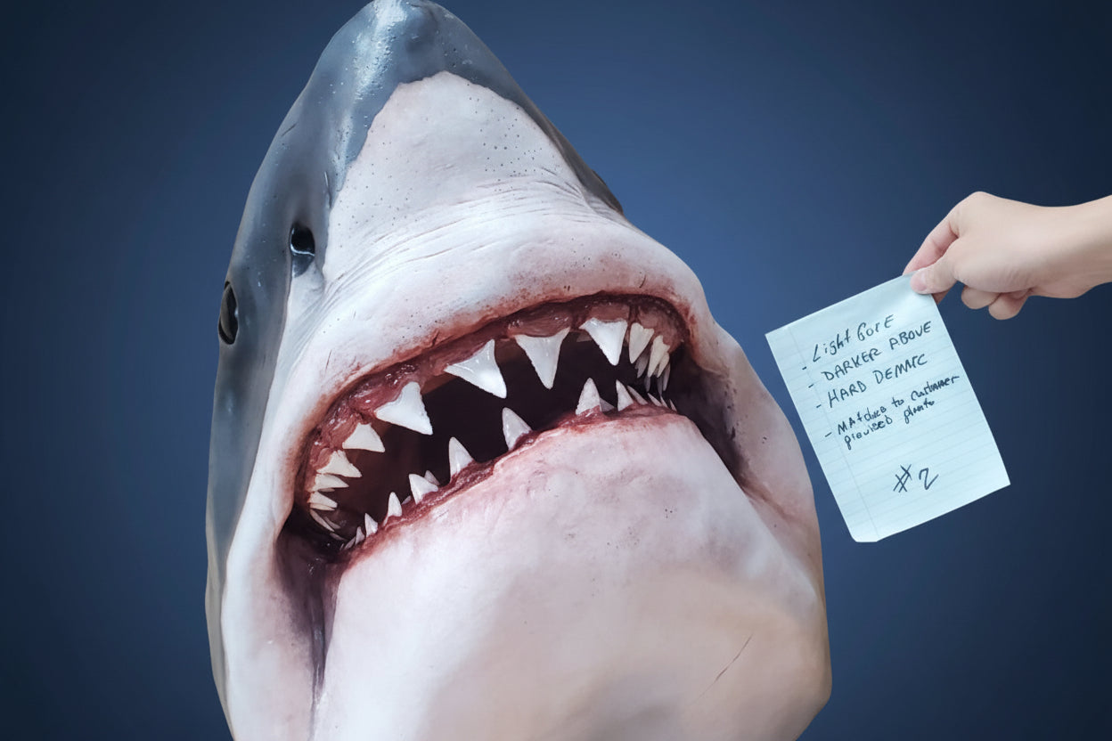 Shark head with a tag indicating medium core hard demarcation. great white shark