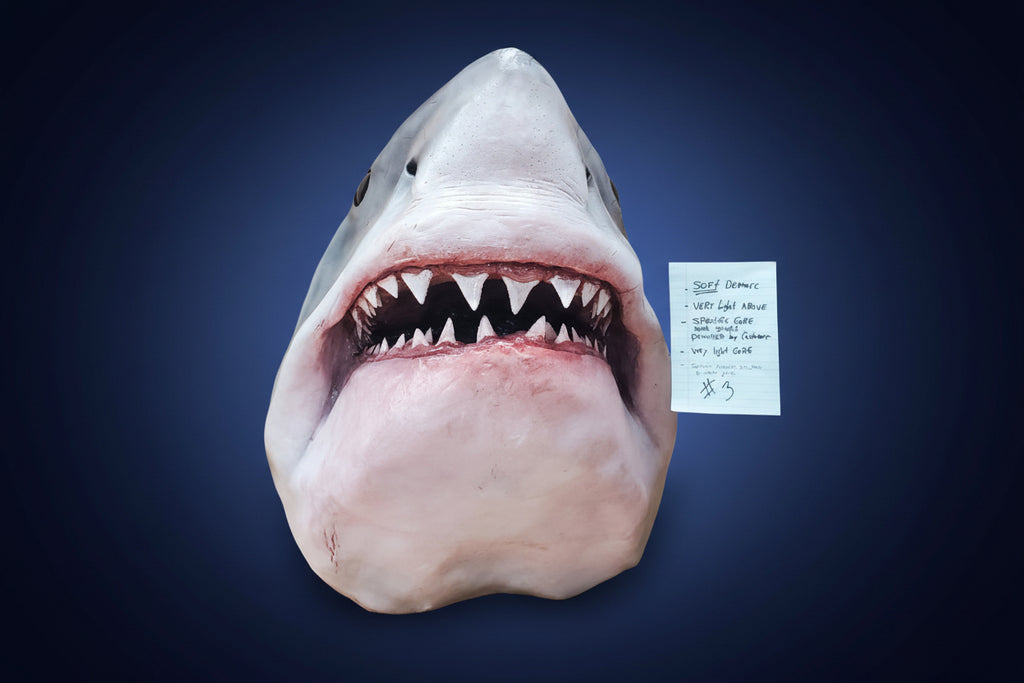 Shark head with a tag indicating medium gore hard demarcation. great white shark