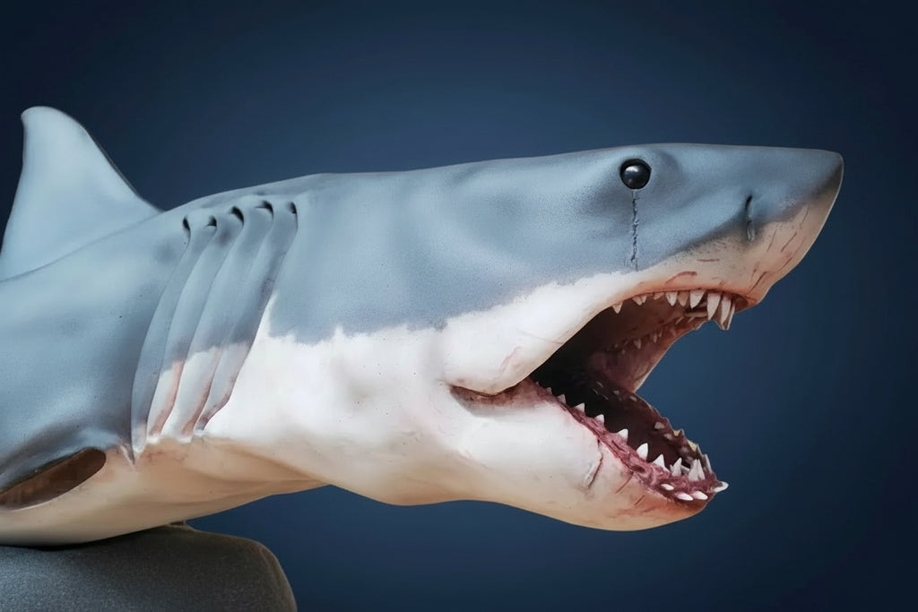 Model shark with open mouth on a white background, featuring a logo in the corner. jaws bruce shark