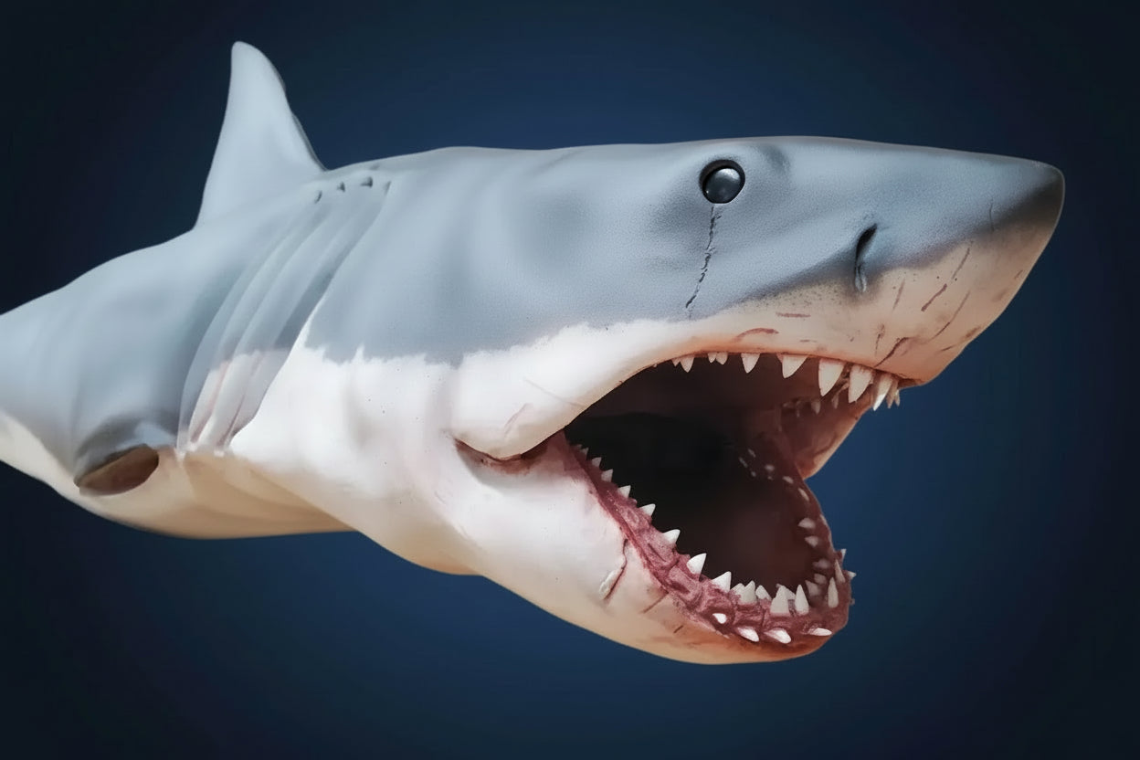 Close-up of a shark with an open mouth, showing teeth, on a white background. bruce jaws shark