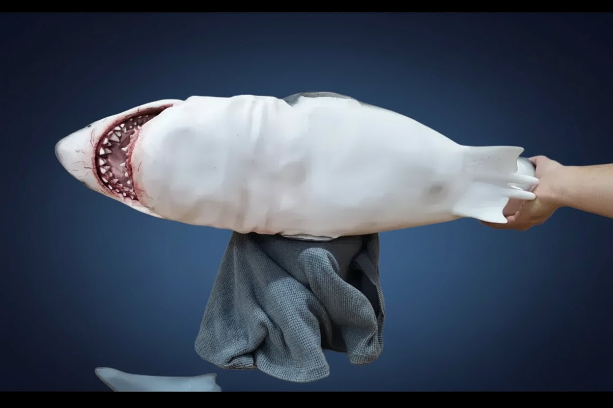 Model shark with a gray towel underneath on a white background, featuring the 'Shark Week' logo. bruce jaws shark