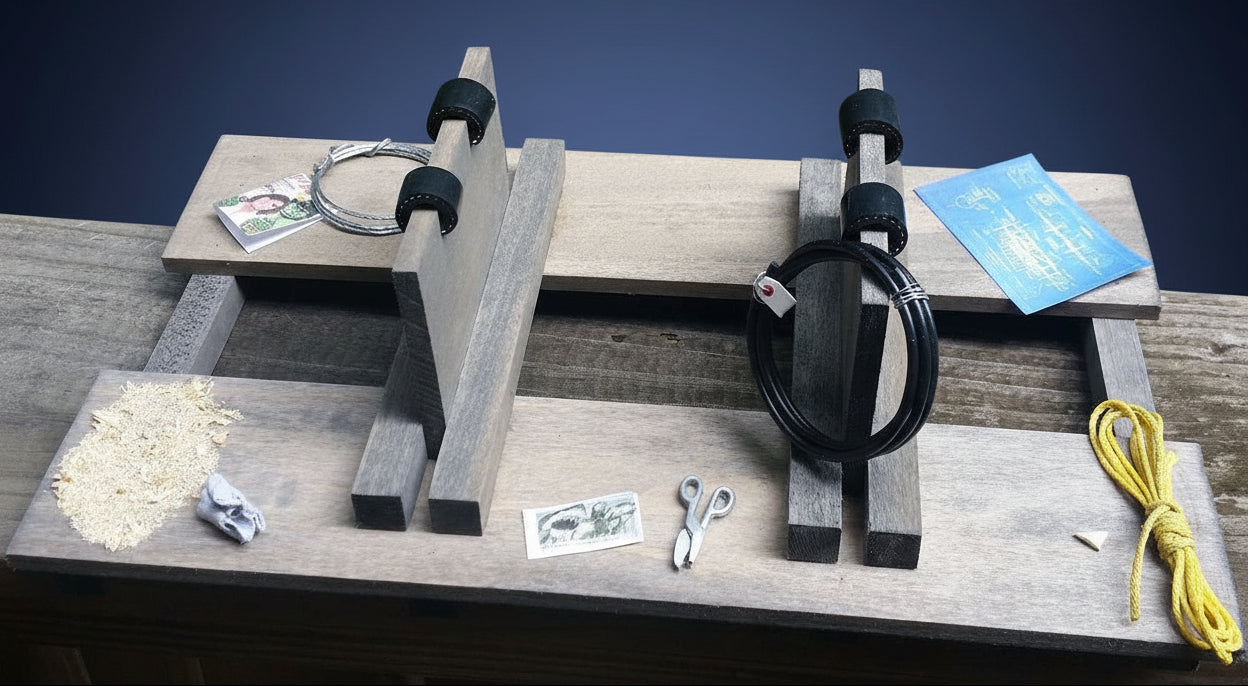 Wooden bench with tools and materials on a grassy background