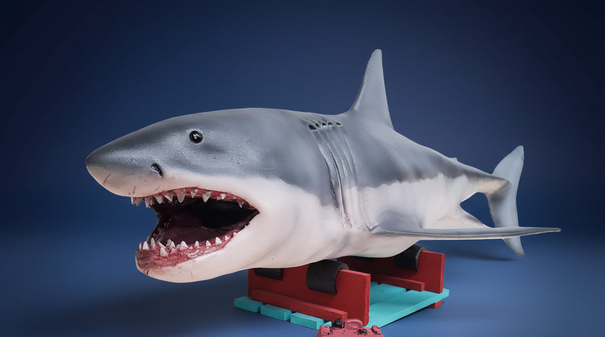Model shark on a stand with 'sharkcityozark.com' text jaws shark 