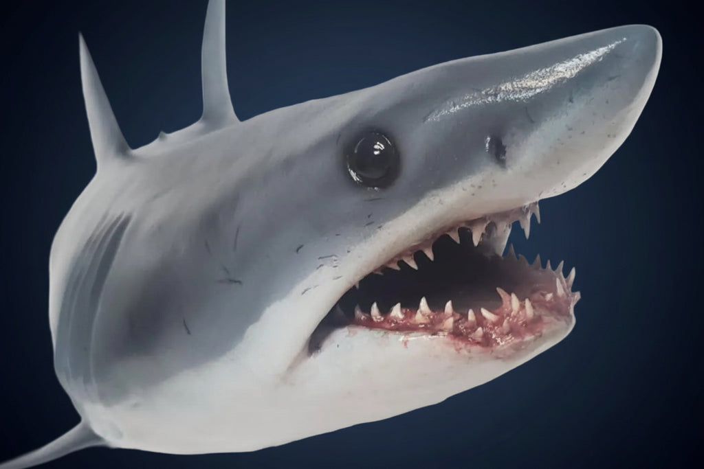 Close-up of a shark with an open mouth on a white background. mako shark