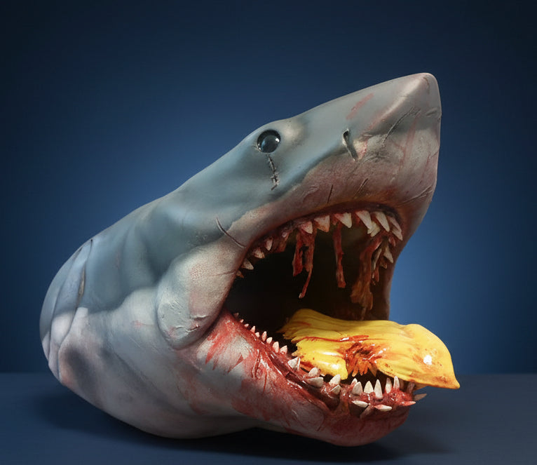 Shark costume with a bloody mouth and yellow raft on a table. bruce jaws shark
