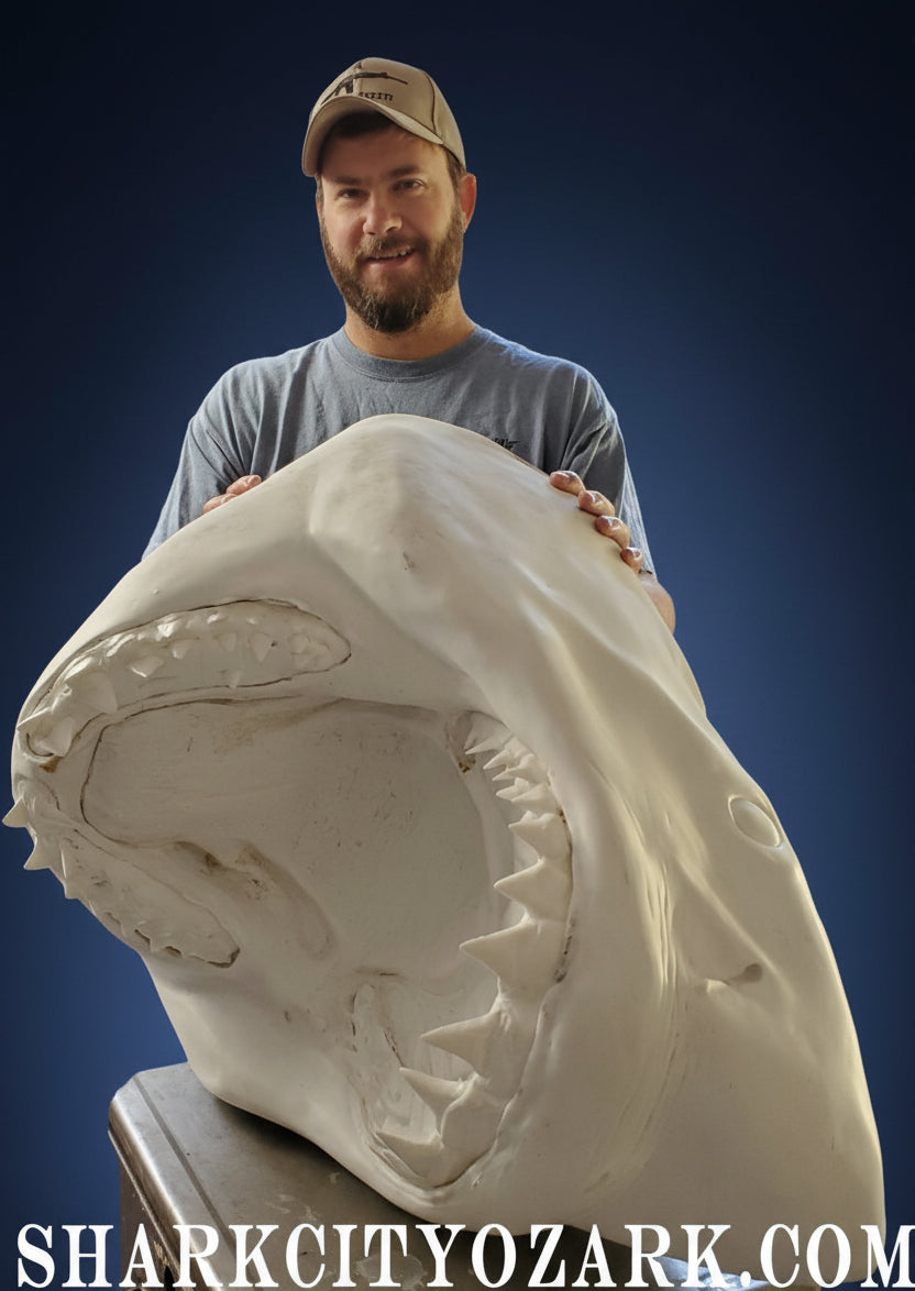 Man holding a large shark sculpture outdoors with 'SHARKCITYOZARK.COM' text.