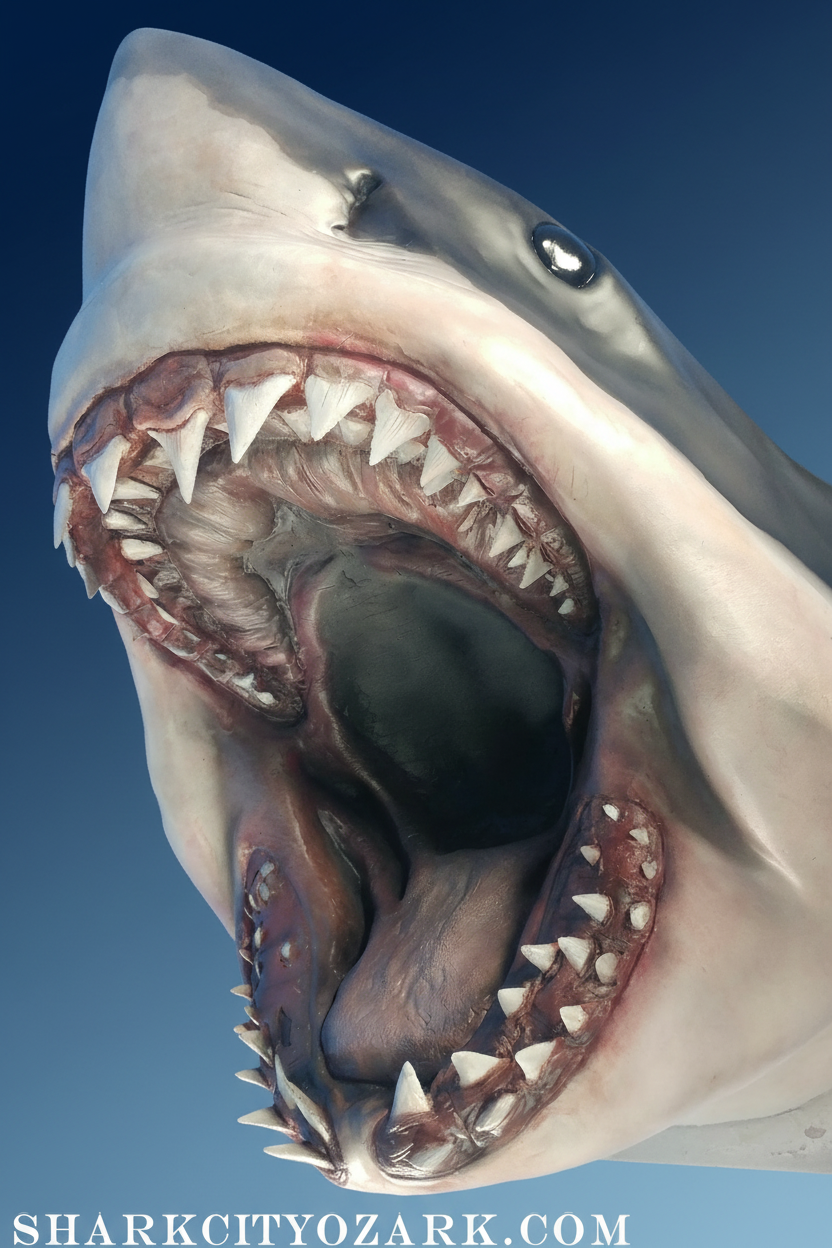 Shark jaw sculpture with dark blue gradient background. great white shark