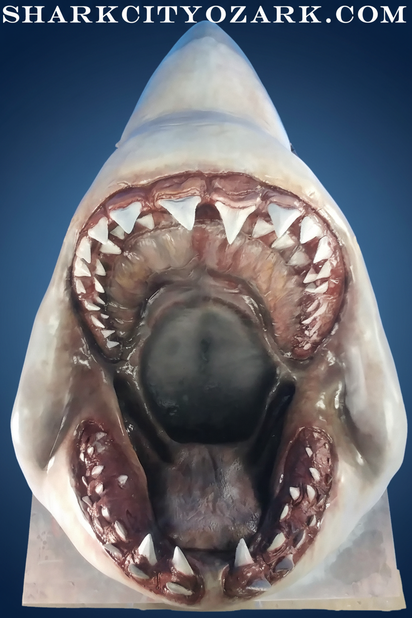 Shark jaw sculpture with dark blue gradient background
