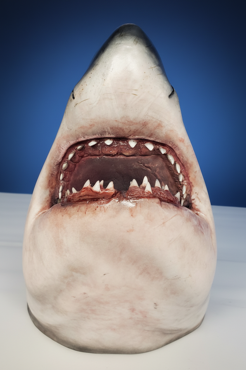 Shark jaw sculpture with dark blue gradient background