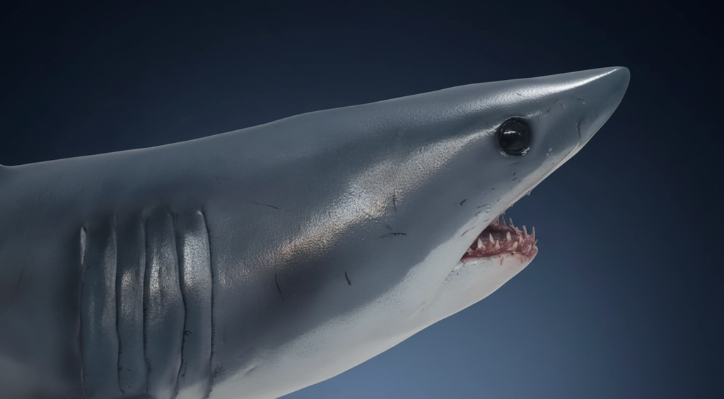 Shark replica with dark blue gradient background. mako shark
