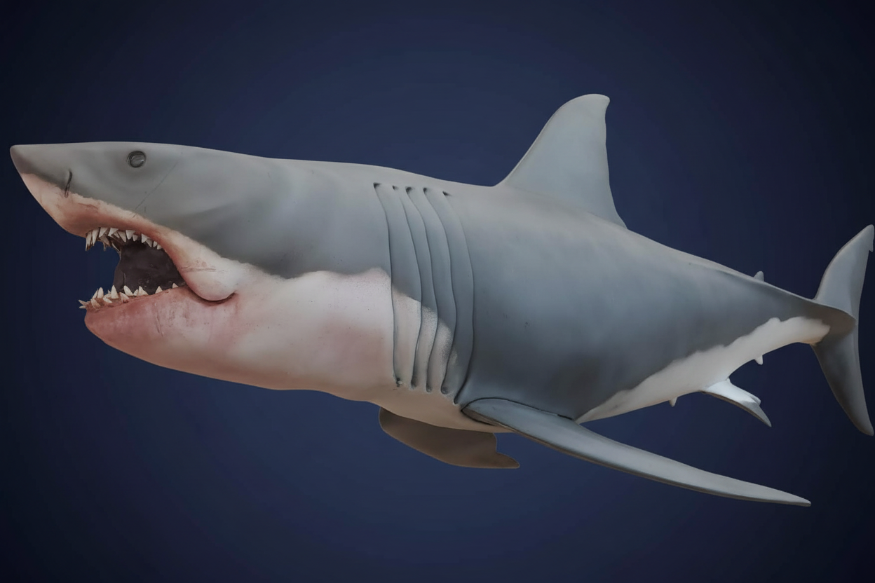 Shark replica with dark blue gradient background