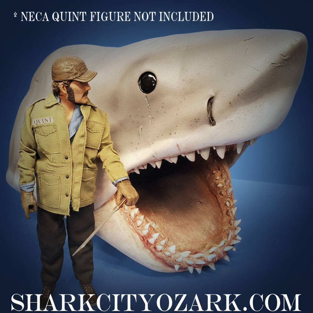 Shark replica with dark blue radial gradient background