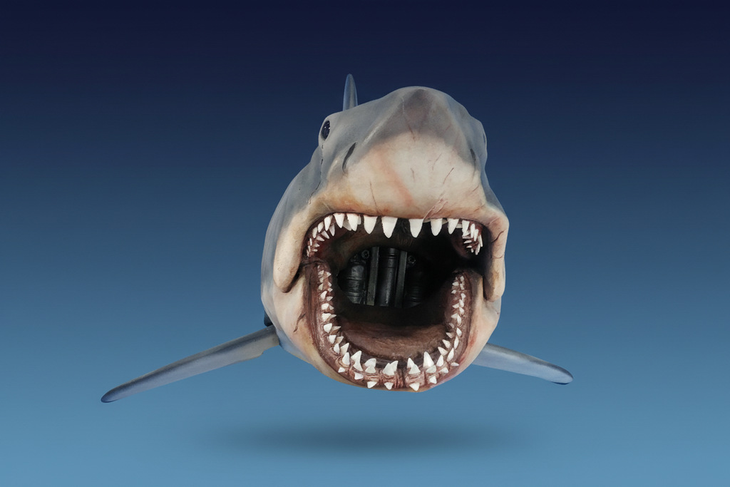 Shark sculpture on dark gradient blue background