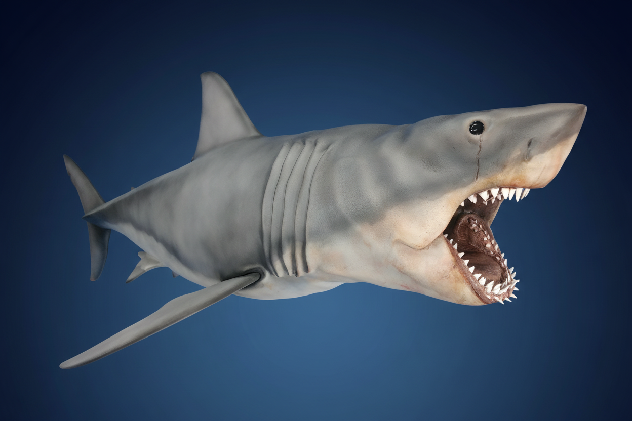 Shark sculpture on dark gradient blue background