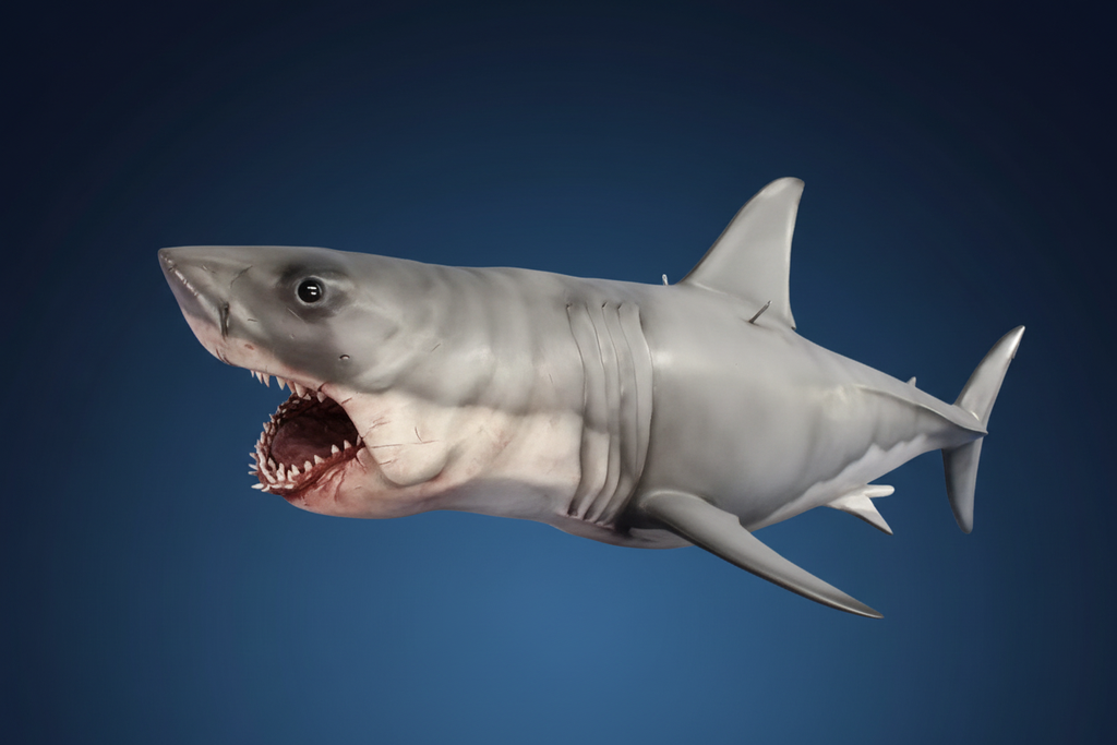 Shark sculpture on dark gradient blue background