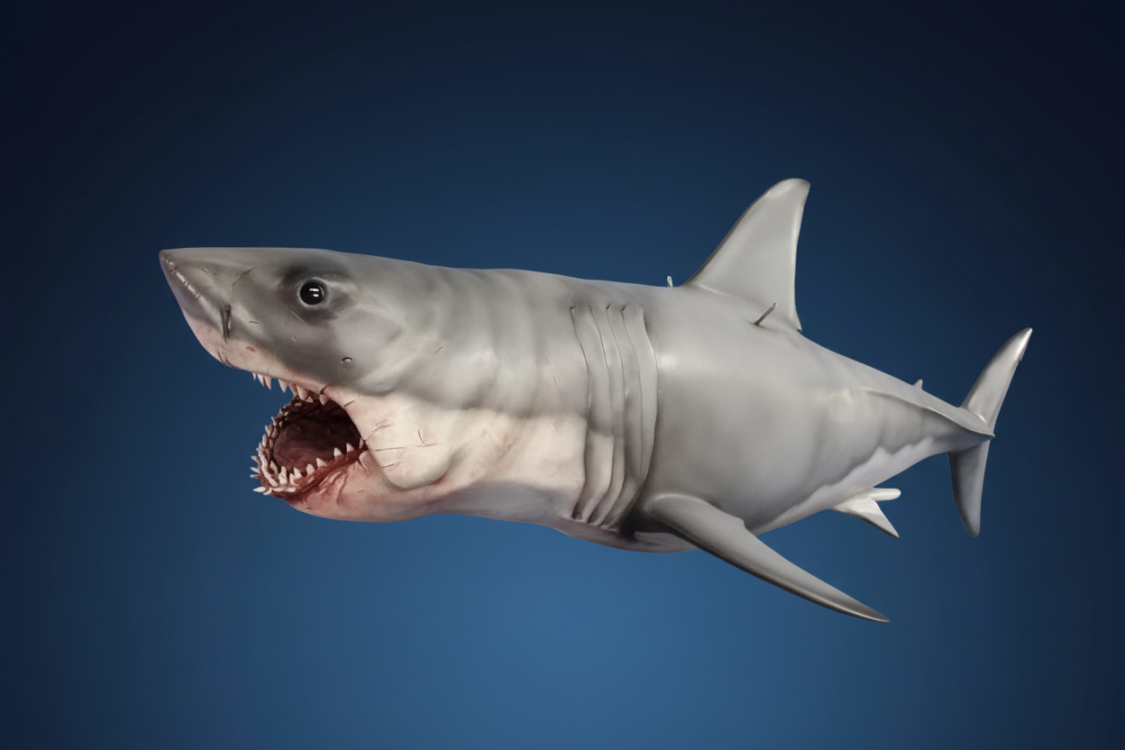 Shark sculpture on dark gradient blue background