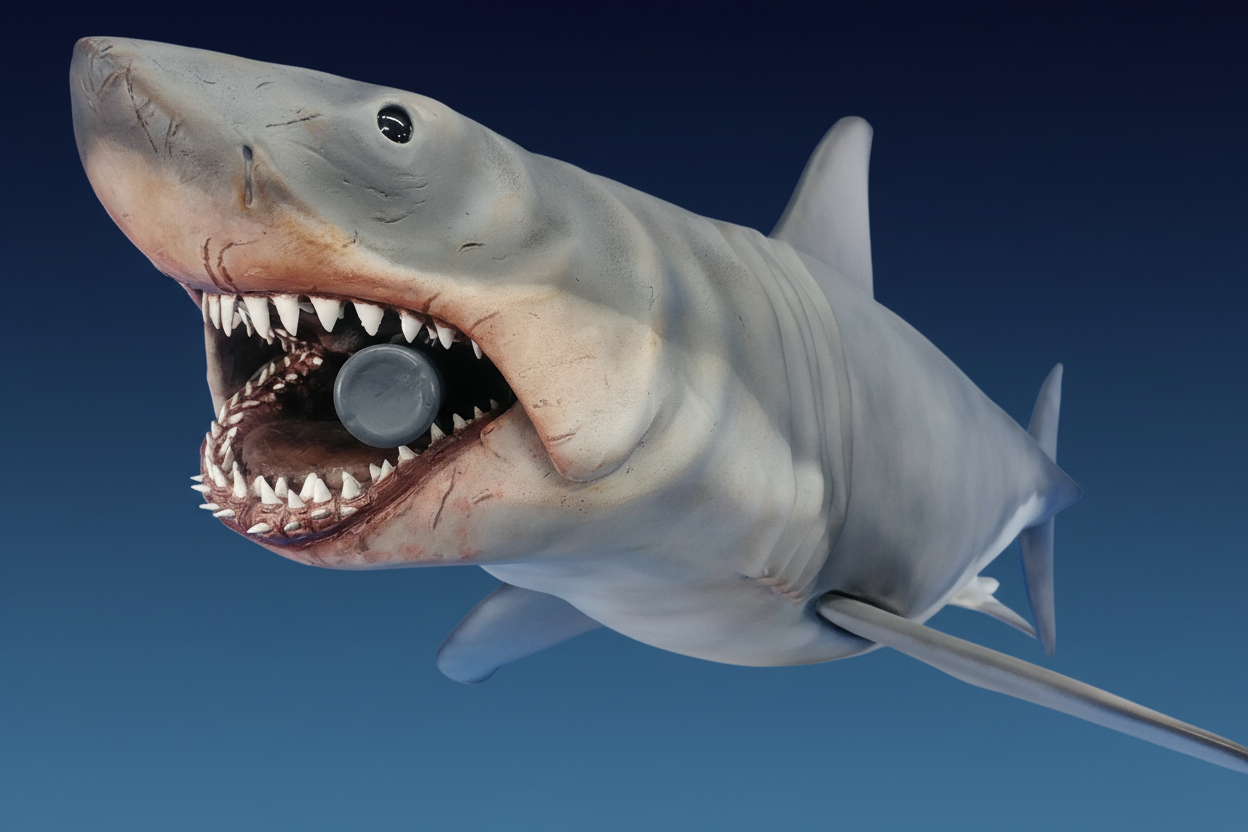 Shark sculpture on dark gradient blue background