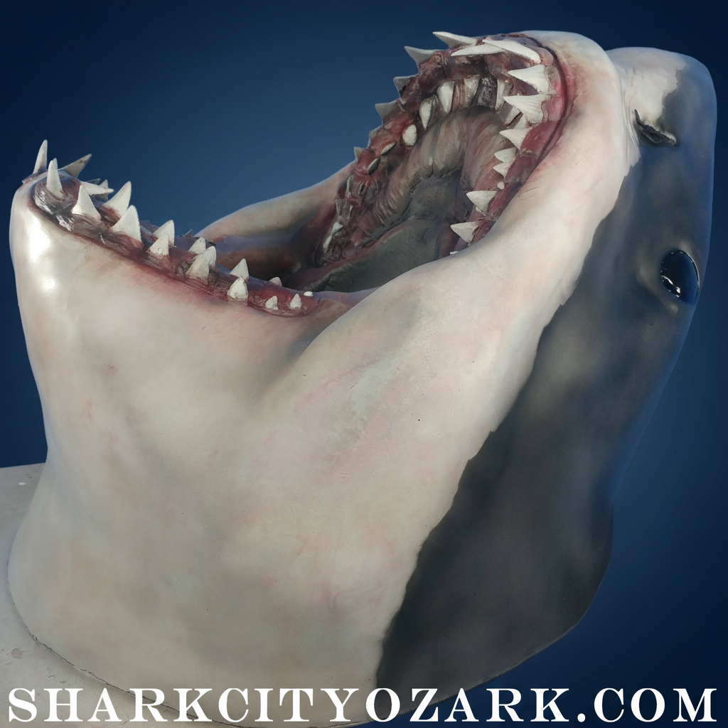 Shark sculpture with dark blue gradient background